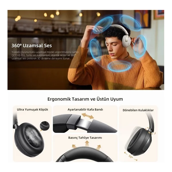 Qcy H3 Pro ANC Siyah Kulak Üstü Bluetooth Kulaklık - Görsel 7