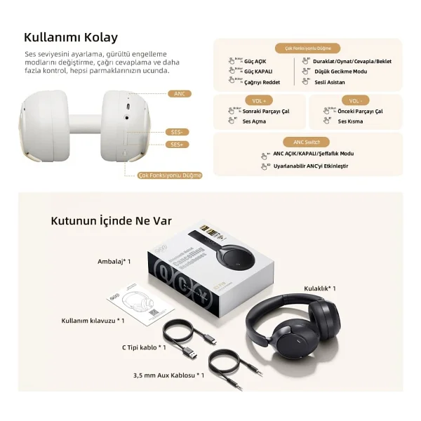 Qcy H3 Pro ANC Siyah Kulak Üstü Bluetooth Kulaklık - Görsel 9