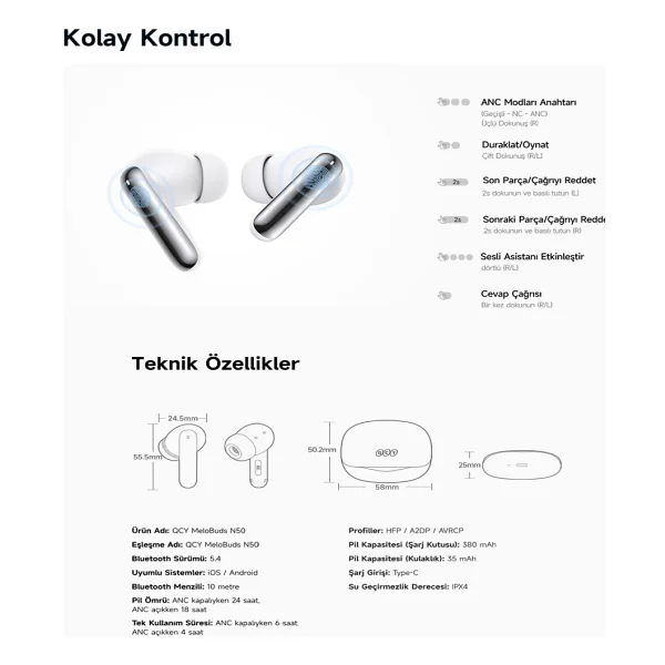 Qcy Melobuds 2 N50 ANC TWS Siyah Kulak İçi Bluetooth Kulaklık - Görsel 6