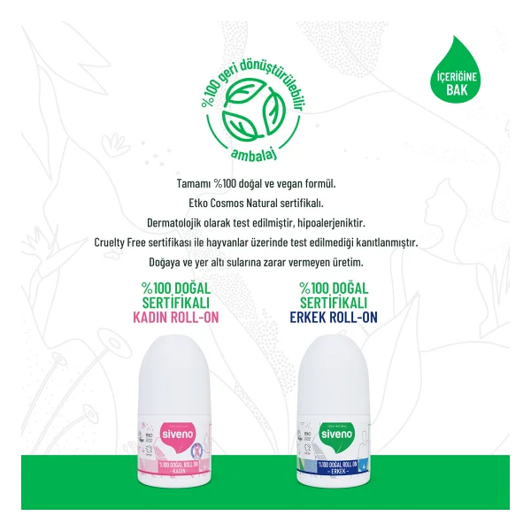 Siveno %100 Doğal Roll On Kadın & Erkek Deodorant Ter Kokusu Önleyici Bitkisel Lekesiz Vegan 50 ml Set - Görsel 6