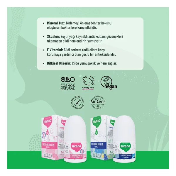 Siveno %100 Doğal Roll On Kadın & Erkek Deodorant Ter Kokusu Önleyici Bitkisel Lekesiz Vegan 50 ml Set - Görsel 7