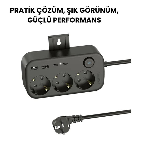 3'lü Akım Korumalı Priz 2 USB + 2 Type-C Girişli Anahtarlı Ve Duvara Monte Edilebilir Uzatma Kablosu - Siyah - Görsel 9