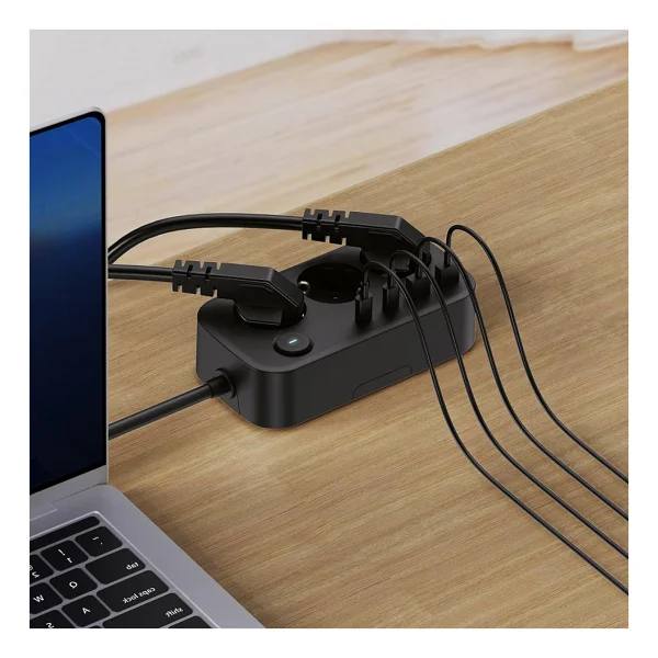 3'lü Akım Korumalı Priz 2 USB + 2 Type-C Girişli Anahtarlı Ve Duvara Monte Edilebilir Uzatma Kablosu - Siyah - Görsel 3