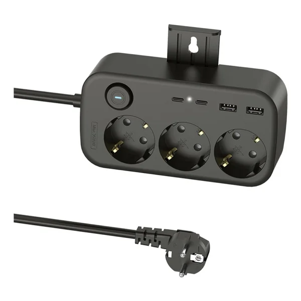 3'lü Akım Korumalı Priz 2 USB + 2 Type-C Girişli Anahtarlı Ve Duvara Monte Edilebilir Uzatma Kablosu - Siyah - Görsel 4