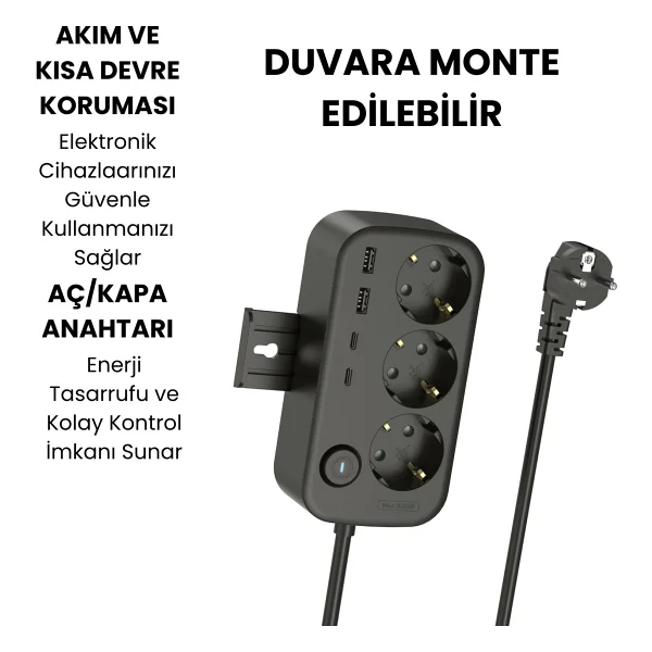 3'lü Akım Korumalı Priz 2 USB + 2 Type-C Girişli Anahtarlı Ve Duvara Monte Edilebilir Uzatma Kablosu - Siyah - Görsel 5