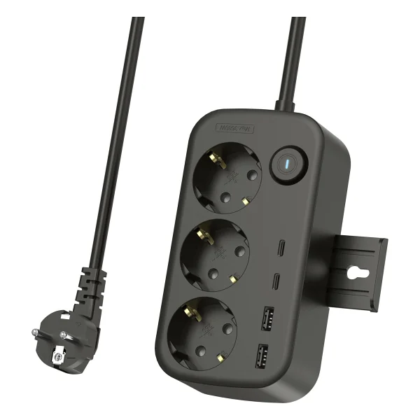 3'lü Akım Korumalı Priz 2 USB + 2 Type-C Girişli Anahtarlı Ve Duvara Monte Edilebilir Uzatma Kablosu - Siyah - Görsel 7