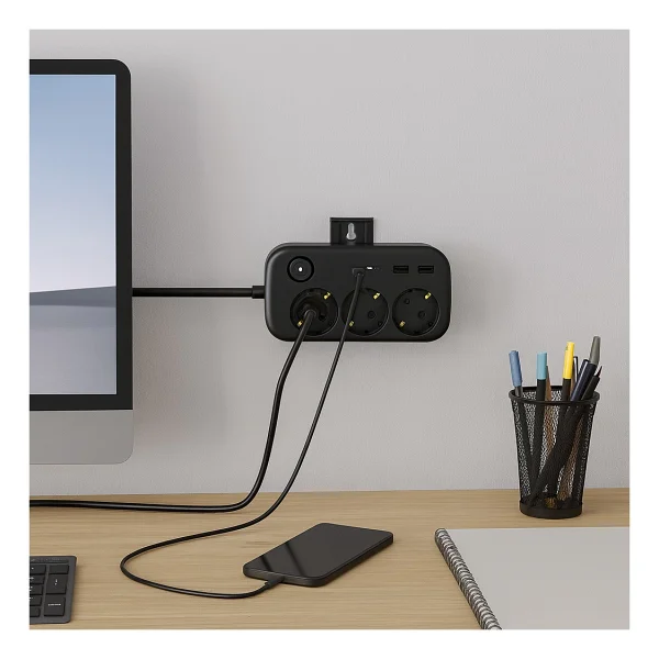 3'lü Akım Korumalı Priz 2 USB + 2 Type-C Girişli Anahtarlı Ve Duvara Monte Edilebilir Uzatma Kablosu - Siyah - Görsel 8