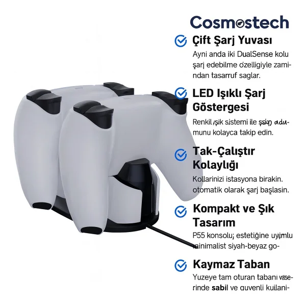 Cosmostech Sundi PS5 Dual Charger Dock - Hızlı Şarj Istasyonu Ve Stand, PS5 Çift Kol Şarj Cihazı - Playstation 5 Dualsense Uyumlu - Görsel 2