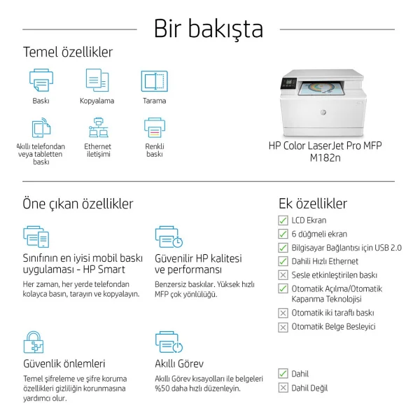 Hp Laserjet Pro Color M182n 7kw54a Tarayıcı + Fotokopi Renkli Çok Fonksiyonlu Lazer Yazıcı - Görsel 8