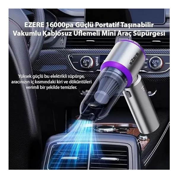 Ezere 16000pa Güçlü Portatif Tasinabilir Vakumlu Kablosuz Üflemeli Mini Araç Süpürgesi - Görsel 2