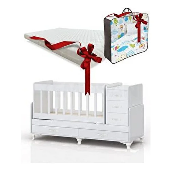 Temosan Uzayabilen Sallanır Bebek Beşiği Uyku Seti Pembe Yataklı Full Set 60 X 120 Beyaz Renkli Tekerlekli - Görsel 7