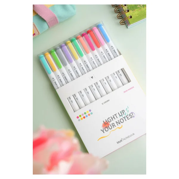 Matt Notebook 12 Renk Çift Uçlu Fosforlu Kalem Seti - Highlighter + Fineliner Pastel Renkler Dual Marker - Görsel 6