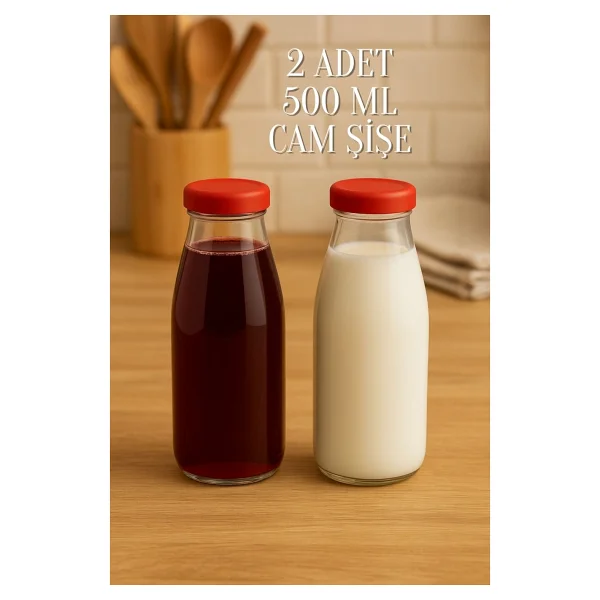2 Adet Plastik Kapaklı 500 Ml Sürahi Süt, Ayran, Su, Limonata Meşrubat Şişesi Cam Şişe 500cc - Kırmızı - Görsel 5