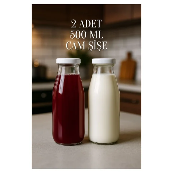 2 Adet Plastik Kapaklı 500 Ml Sürahi Süt, Ayran, Su, Limonata Meşrubat Şişesi Cam Şişe 500cc - Kırmızı - Görsel 6
