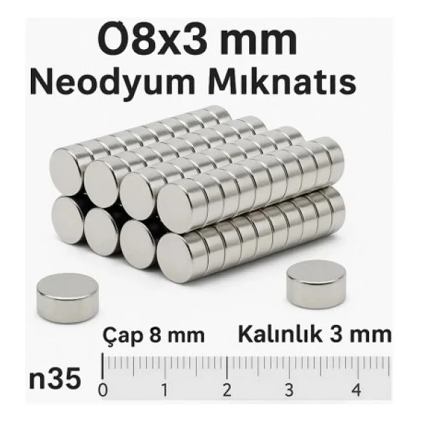 5 Adet 8x3mm Yuvarlak Neodyum Mıknatıs Güçlü Nikel Kaplamalı Kaliteli Dayanıklı Magnet - Görsel 2