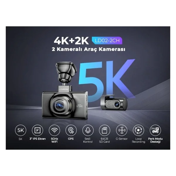 Lingdu Ld02 5k 3 İnç Ekran 150° 2 Kameralı 64gb Araç İçi Kamera (Türkiye'de İlk Kamera) - Görsel 9