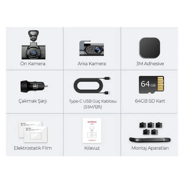 Lingdu Ld02 5k 3 İnç Ekran 150° 2 Kameralı 64gb Araç İçi Kamera (Türkiye'de İlk Kamera) - Görsel 10