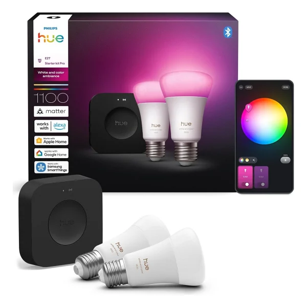 Philips Hue 1100 Renkli Ambiyans 11 W-75 W E27 2'li Akıllı LED Ampul + Bridge Pro Başlangıç Seti - Görsel 2
