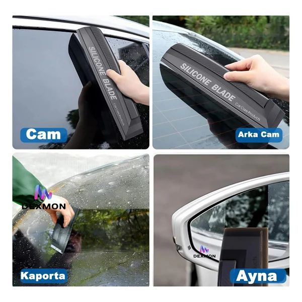 Dexmon Oto Araba Araç Cam Ve Kaporta Su Temizlik Silecek Çekçek Çekecek Çizmez Silikon - Siyah Karbon - Görsel 5