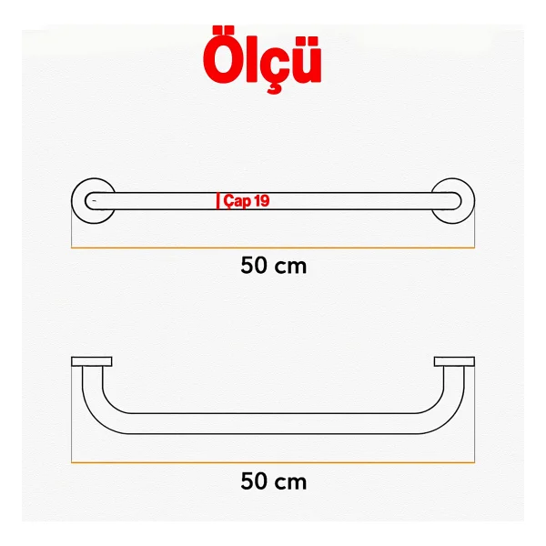 Tutunma Barı 19 Çap 50 Cm Paslanmaz Metal Krom Duvar Tipi Banyo Ve Wc Destek Tutamağı - Görsel 2