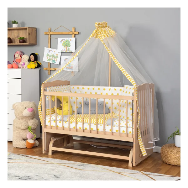 Bamgidoo Ahşap Beşik Anne Yanı Beşik Organik (Boyasız) 60x120 - Sarı Yıldız Uyku Seti Yatak - Görsel 3