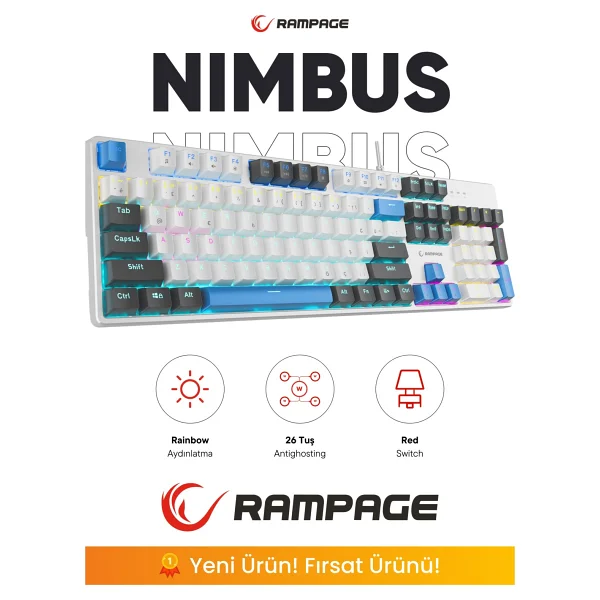 Rampage Nimbus Kb-Mk2 Beyaz RGB Red Switch Kablolu Mekanik Oyuncu Klavyesi - Görsel 7