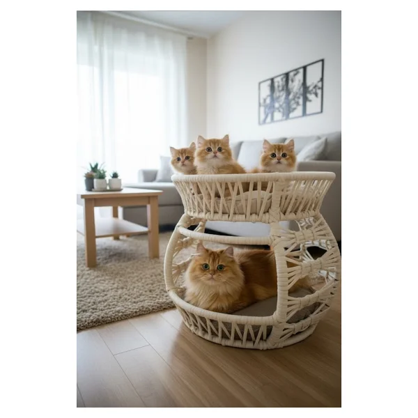 Reyo Pet Lüxperi Bombeli Kedi Ranzası 2 Katlı Kedi Yatağı Krem - Görsel 2
