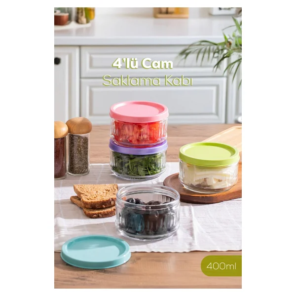 Porsima Lapis 4lü Hava Geçirmez Cam Kahvaltılık Seti Renkli Kapaklı Saklama Kabı 400ML - Görsel 3