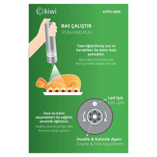 Kiwi Kspg-4806 LED Işıklı Otomatik Pilli Baharat Öğütücü - Görsel 5