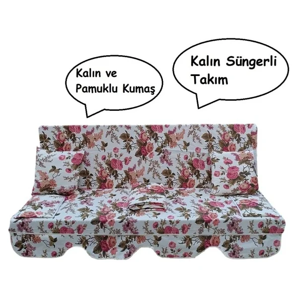 Mandaş Süngerli 3 Kişilik Salıncak Minder Seti (Pamuklu Kumaş)-İngiliz Gülü Pembe - Görsel 3