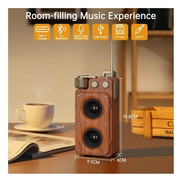 Coverzone 19cm Retro Ahşap Tasarımlı Bluetooth Hoparlör - 5w Güçlü Ses, 5.0 Kablosuz Bağlantı, 1500 mAh Şarjlı Batarya, Fm Radyolu, USB/Tf Kart Destekli, Taşınabilir Nostaljik Müzik Kutusu A8 - Görsel 2