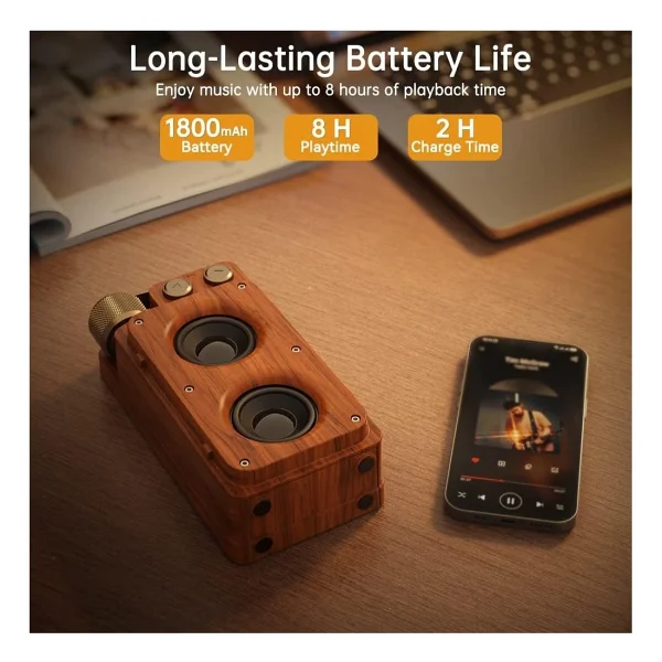 Coverzone 19cm Retro Ahşap Tasarımlı Bluetooth Hoparlör - 5w Güçlü Ses, 5.0 Kablosuz Bağlantı, 1500 mAh Şarjlı Batarya, Fm Radyolu, USB/Tf Kart Destekli, Taşınabilir Nostaljik Müzik Kutusu A8 - Görsel 5