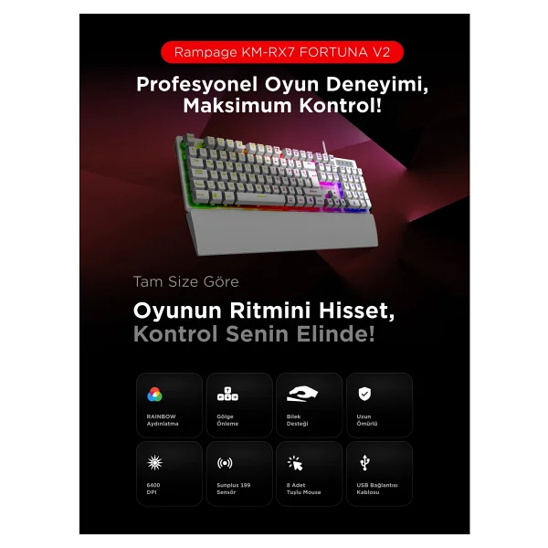 Rampage Km-Rx7 Fortuna V2 Beyaz Kablolu Oyuncu Klavye Mouse Seti - Görsel 2