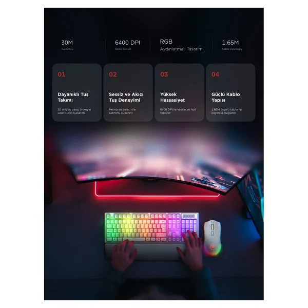 Rampage Km-Rx7 Fortuna V2 Beyaz Kablolu Oyuncu Klavye Mouse Seti - Görsel 5