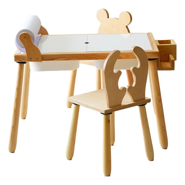 Wood & Joy Doğal Ahşap Duyusal Çocuk Aktivite Masası Oyun Masası Ve Çocuk Çocuk Masa Sandalye 2 Sandalye Seti(Rulo Aparatlı Ve Kırtasiye İstasyonlu) - Sarı - Görsel 2