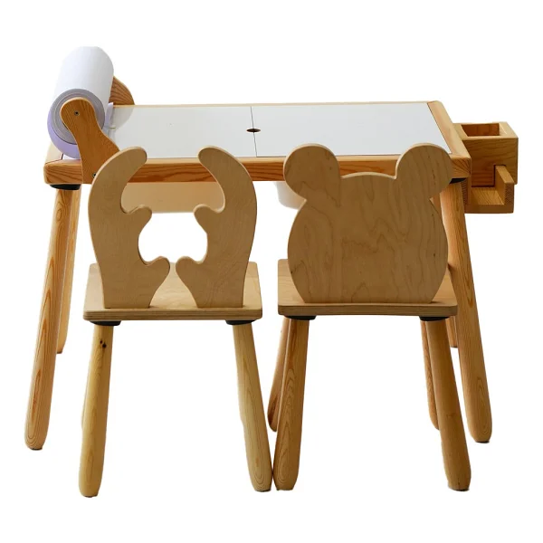 Wood & Joy Doğal Ahşap Duyusal Çocuk Aktivite Masası Oyun Masası Ve Çocuk Çocuk Masa Sandalye 2 Sandalye Seti(Rulo Aparatlı Ve Kırtasiye İstasyonlu) - Sarı - Görsel 3