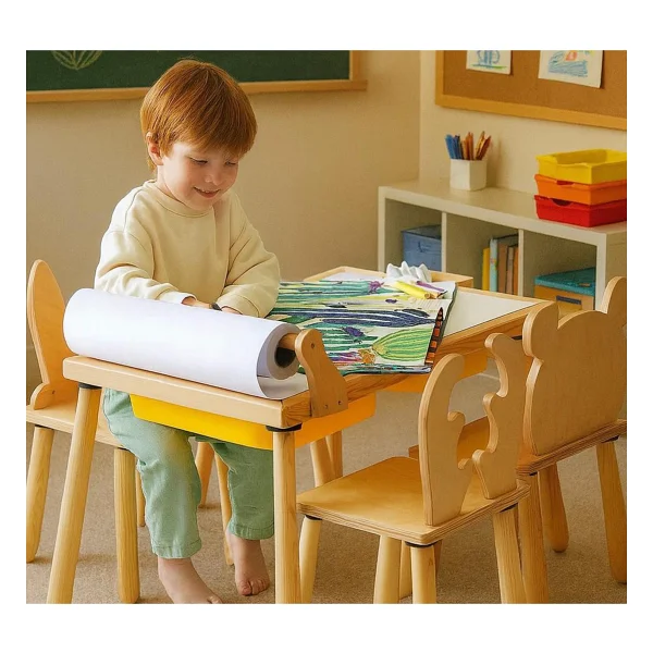 Wood & Joy Doğal Ahşap Duyusal Çocuk Aktivite Masası Oyun Masası Ve Çocuk Çocuk Masa Sandalye 2 Sandalye Seti(Rulo Aparatlı Ve Kırtasiye İstasyonlu) - Sarı - Görsel 4