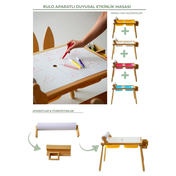 Wood & Joy Doğal Ahşap Duyusal Çocuk Aktivite Masası Oyun Masası Ve Çocuk Çocuk Masa Sandalye 2 Sandalye Seti(Rulo Aparatlı Ve Kırtasiye İstasyonlu) - Sarı - Görsel 5