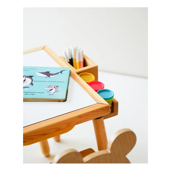Wood & Joy Doğal Ahşap Duyusal Çocuk Aktivite Masası Oyun Masası Ve Çocuk Çocuk Masa Sandalye 2 Sandalye Seti(Rulo Aparatlı Ve Kırtasiye İstasyonlu) - Sarı - Görsel 7