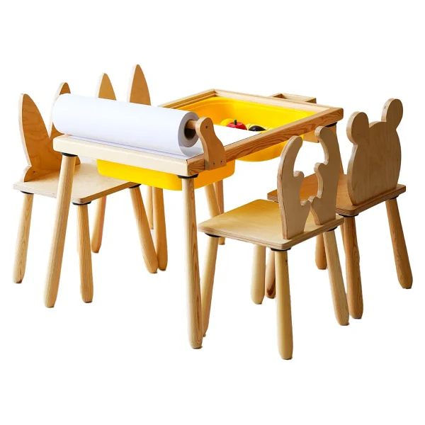 Wood & Joy Doğal Ahşap Duyusal Çocuk Aktivite Masası Oyun Masası Ve Çocuk Çocuk Masa Sandalye 2 Sandalye Seti(Rulo Aparatlı Ve Kırtasiye İstasyonlu) - Sarı - Görsel 9