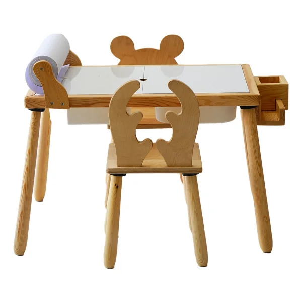 Wood & Joy Doğal Ahşap Duyusal Çocuk Aktivite Masası Oyun Masası Ve Çocuk Çocuk Masa Sandalye 2 Sandalye Seti(Rulo Aparatlı Ve Kırtasiye İstasyonlu) - Sarı - Görsel 10