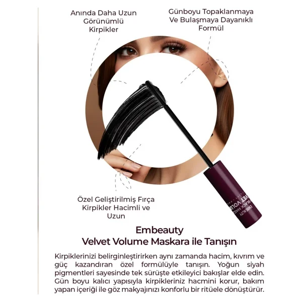 Embeauty Velvet Volume Dolgunlaştırıcı Ultra Siyah Maskara - Görsel 4