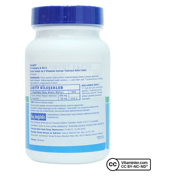 Velavit V-Cranberry Vitamin C 30 Kapsül - Görsel 2