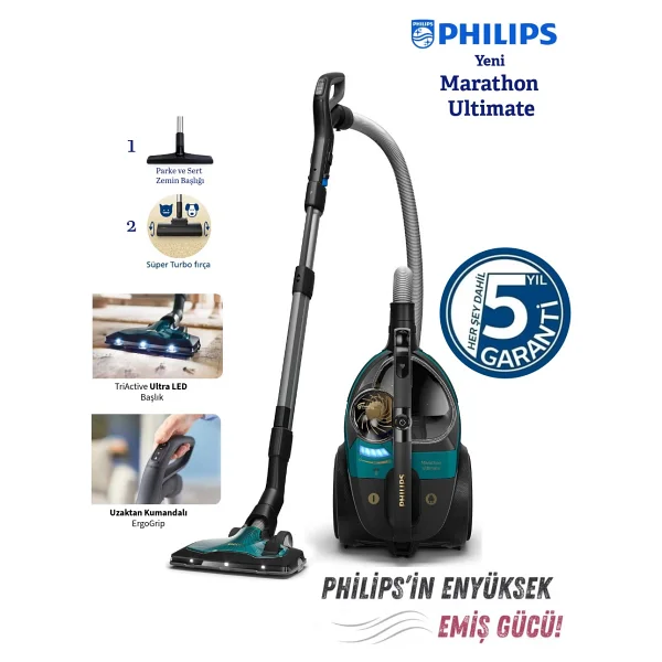 Philips Marathon Ultimate LED Işıklı Başlık, Kumandalı Kontrol Toz Torbasız Süpürge Allergy H13 Filtreli Temizlik + Turbo Başlık Hediyeli - Antrasit - Görsel 7