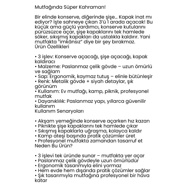 Transformacion 3'ü 1 Arada Konserve Açacağı Paslanmaz Çelik Malzemeden Ergonomik Siyah Saplı - Görsel 6