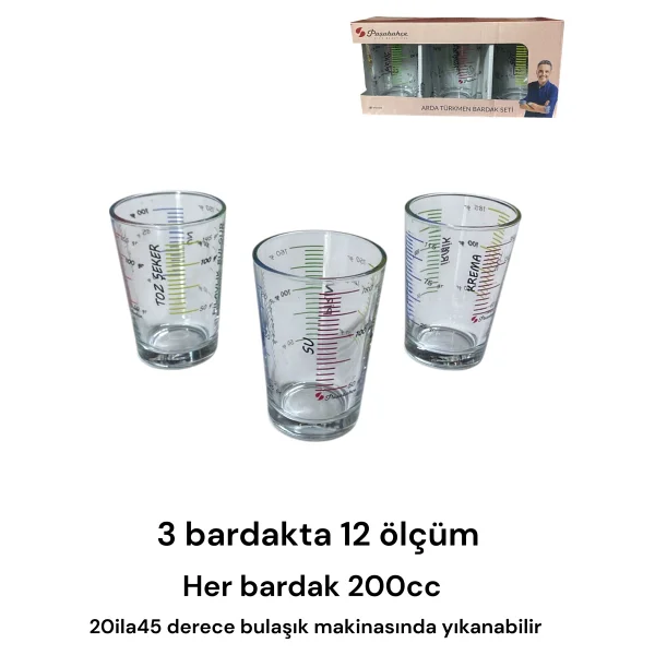 Paşabahçe Ölçü Bardak Takım Set 3lü Çoklu Çeşitli Ölçümlü Bardak Ölçülü Ölçü Kabı Ölçü Kabı Ölçek 200cc - Ölçü Bardağı - Görsel 4