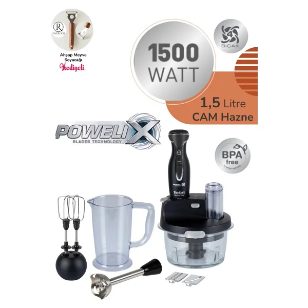 Tefal Dilimleyici ve Rende 4 Bıçaklı Powelix 1500W Güç 1,5 Litre Cam Hazneli Mutfak Robotu - Siyah