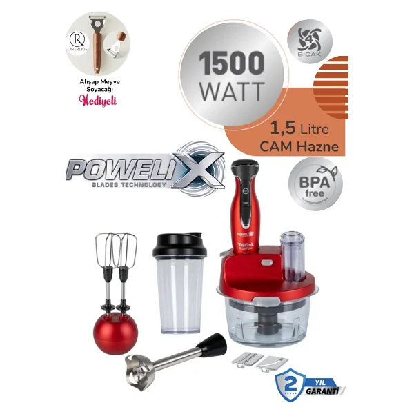 Tefal Dilimleyici ve Rende 4 Bıçaklı Powelix 1500W Güç 1,5 Litre Cam Hazneli Mutfak Robotu - Kırmızı