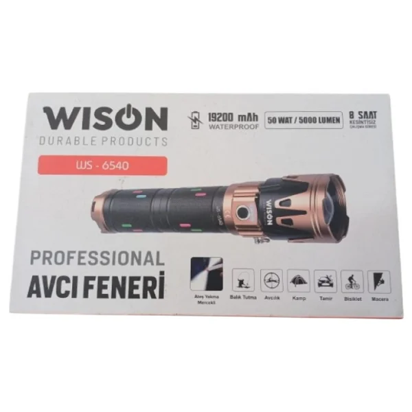 Wison Ws-6540 Profesyonel Yakıcı Özellikli El Feneri 50w - 5000 Lümen - 19200 mAh - Zoomlu & Type-C Şarjlı - Siyah - Altın - 50 W - Görsel 7