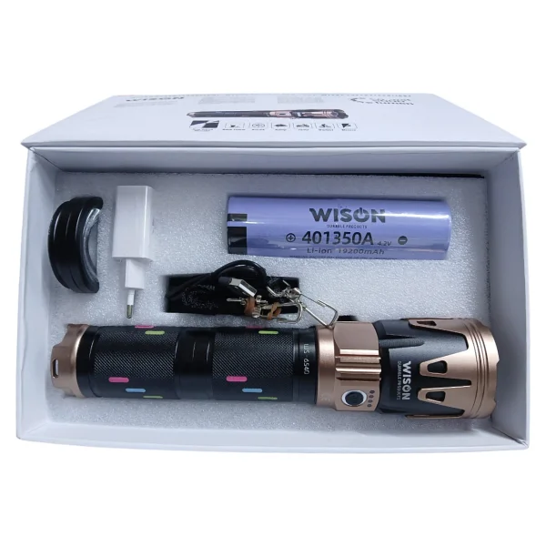 Wison Ws-6540 Profesyonel Yakıcı Özellikli El Feneri 50w - 5000 Lümen - 19200 mAh - Zoomlu & Type-C Şarjlı - Siyah - Altın - 50 W - Görsel 2